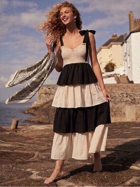 NEW LOVELO Smocked Tiered Maxi Dress Tie-Shoulder in Black and Cream MEDIUM